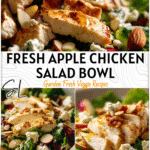 Fresh Honeycrisp Apple Chicken Salad topped with feta cheese and sliced almonds on mixed greens.